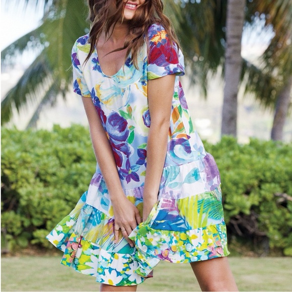 Jams World Dresses & Skirts - Jams World Hattie Dress XL Dewberry Drop Waist Tiered Floral Tropical Resort